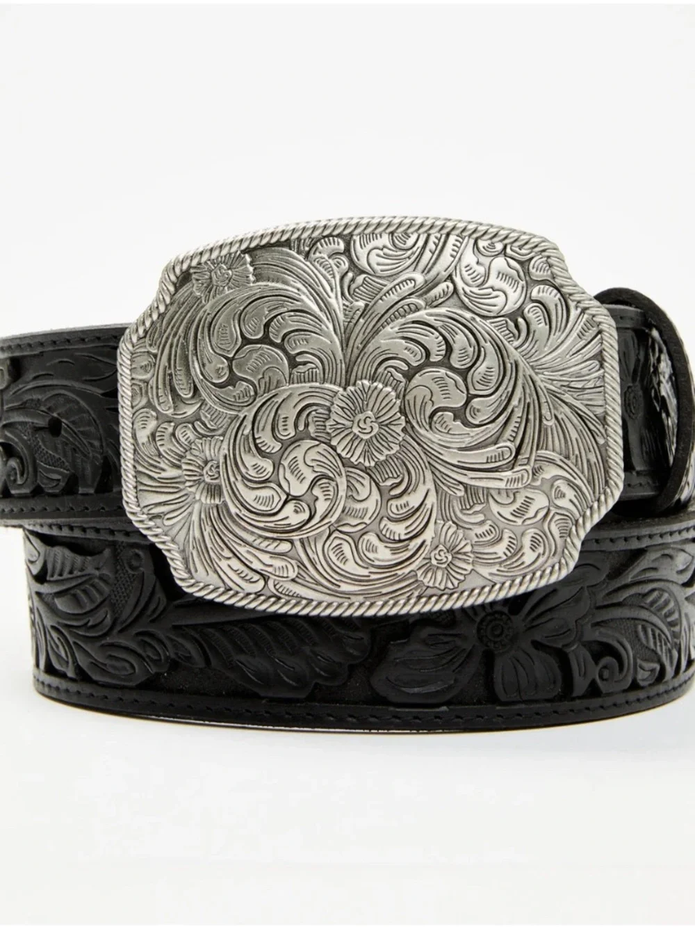 Idyllwind Black Floral Tooled Leather Belt with Ornate Silver Buckle
